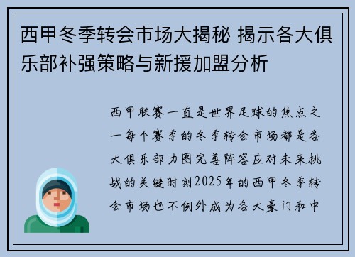 西甲冬季转会市场大揭秘 揭示各大俱乐部补强策略与新援加盟分析 西甲冬季转会市场大揭秘 揭示各大俱乐部补强策略与新援加盟分析