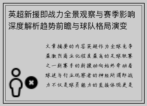 英超新援即战力全景观察与赛季影响深度解析趋势前瞻与球队格局演变