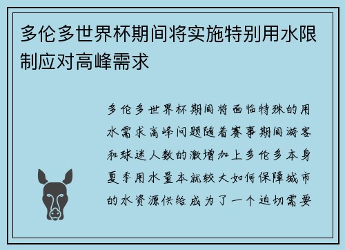 多伦多世界杯期间将实施特别用水限制应对高峰需求
